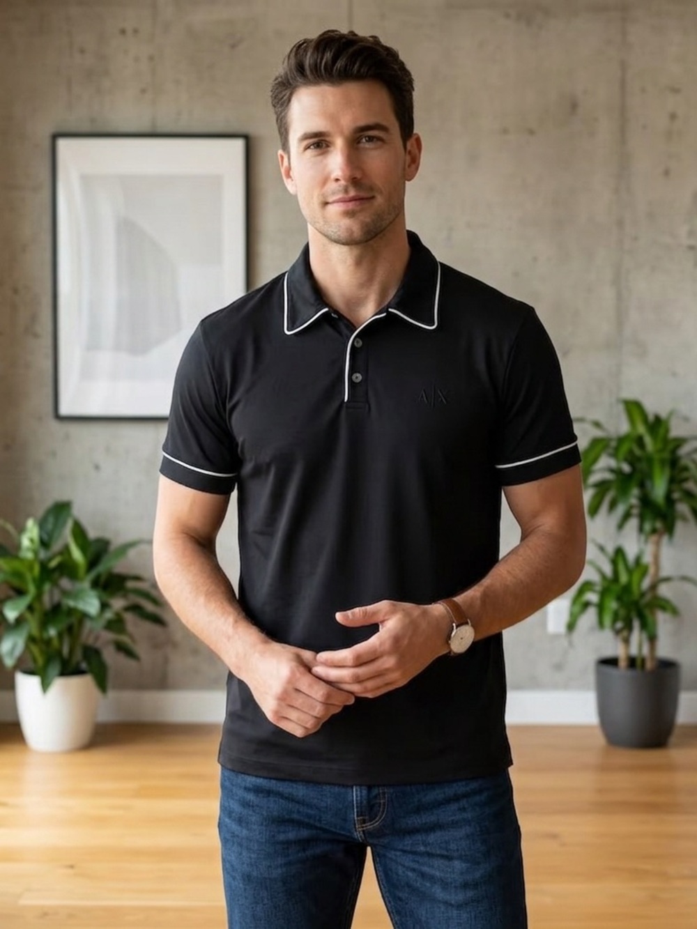Armani Exchange Men's Sz XL Black Polo Shirt Contrast Piping Tipped Regular Fit